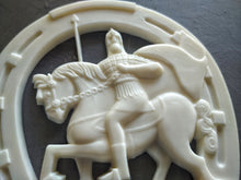 Load image into Gallery viewer, Horseshoe with knight 17x15.5cm , Wall decor medallion, furniture appliques, resin element onlay, knight wall decor medallion
