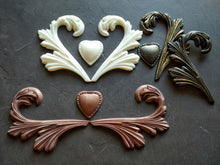 Load image into Gallery viewer, Resin decorative appliques set (2 scrolls left+right + heart) for furniture upcycling or any DIY art projects , mouldings , resin appliques , resin onlays