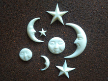 Load image into Gallery viewer, Moon and stars resin appliques set 8 pcs// doll house appliques, upclycling supplies, moon and star decor