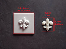 Load image into Gallery viewer, Fleur de Lis square mold for tiles, Silicone mold, Heraldic lily decor, fleur de lis Applique, backsplash tile, mold for concrete

