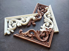 Load image into Gallery viewer, Silicone mold for ornate corners 12,7x6,8cm. Furniture embellishment appliques with wood texture, furniture overlays, mold for resin
