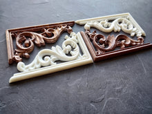 Load image into Gallery viewer, Silicone mold for ornate corners 12,7x6,8cm. Furniture embellishment appliques with wood texture, furniture overlays, mold for resin
