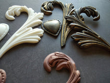 Load image into Gallery viewer, Resin decorative appliques set (2 scrolls left+right + heart) for furniture upcycling or any DIY art projects , mouldings , resin appliques , resin onlays
