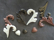 Load image into Gallery viewer, Resin decorative appliques set (2 scrolls left+right + heart) for furniture upcycling or any DIY art projects , mouldings , resin appliques , resin onlays
